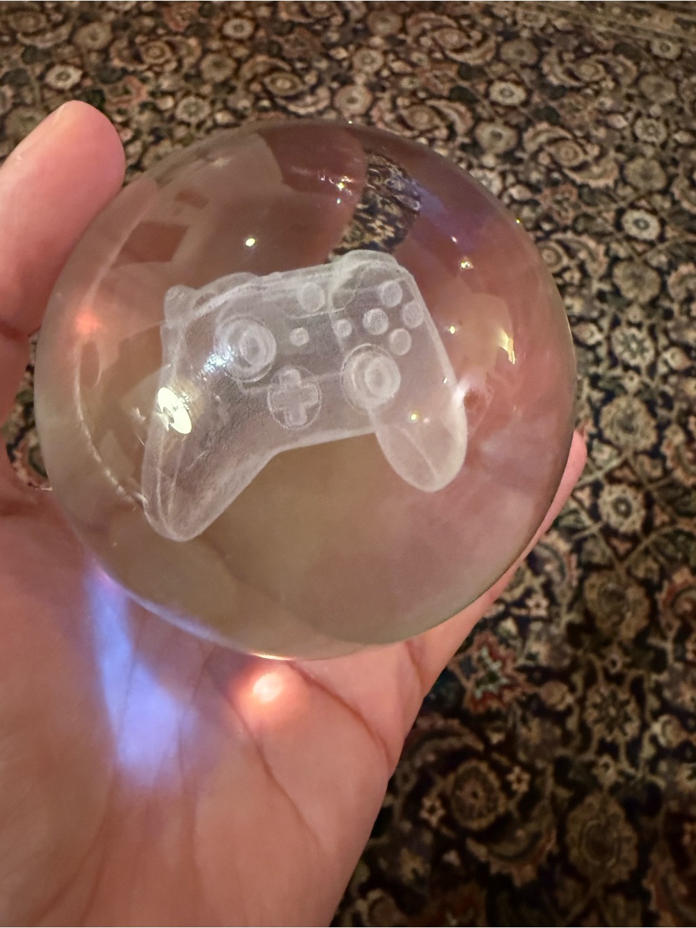Clear Glass Orb Paperweight with Engraved Game Controller.